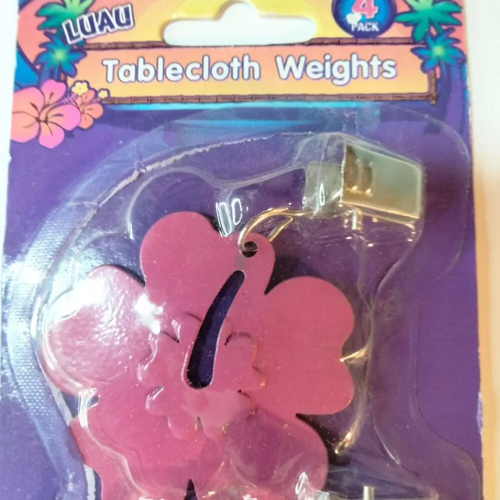 Luau Tablecloth Weights Hibiscus Flower Design 4 Pack Pink Metal Clip